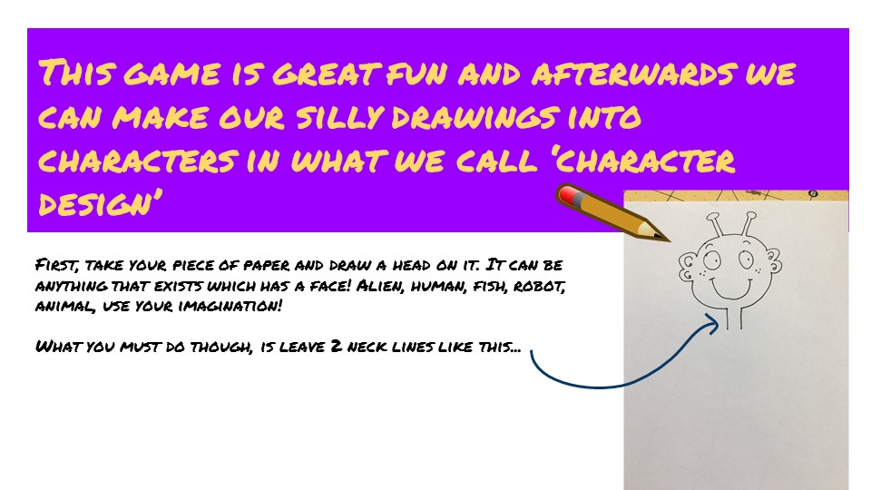 This game is great fun and afterwards we can make our silly drawings into characters in what we call ‘character design’ First, take your piece of paper and draw a head on it. It can be anything that exists which has a face! Alien, human, fish, robot, animal, use your imagination! What you must do though, is leave 2 neck lines like this...