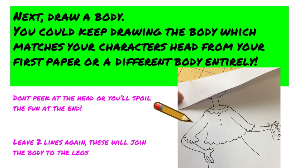 Next, draw a body. You could keep drawing the body which matches your characters head from your first paper or a different body entirely! Dont peek at the head or you’ll spoil the fun at the end! Leave 2 lines again, these will join the body to the legs