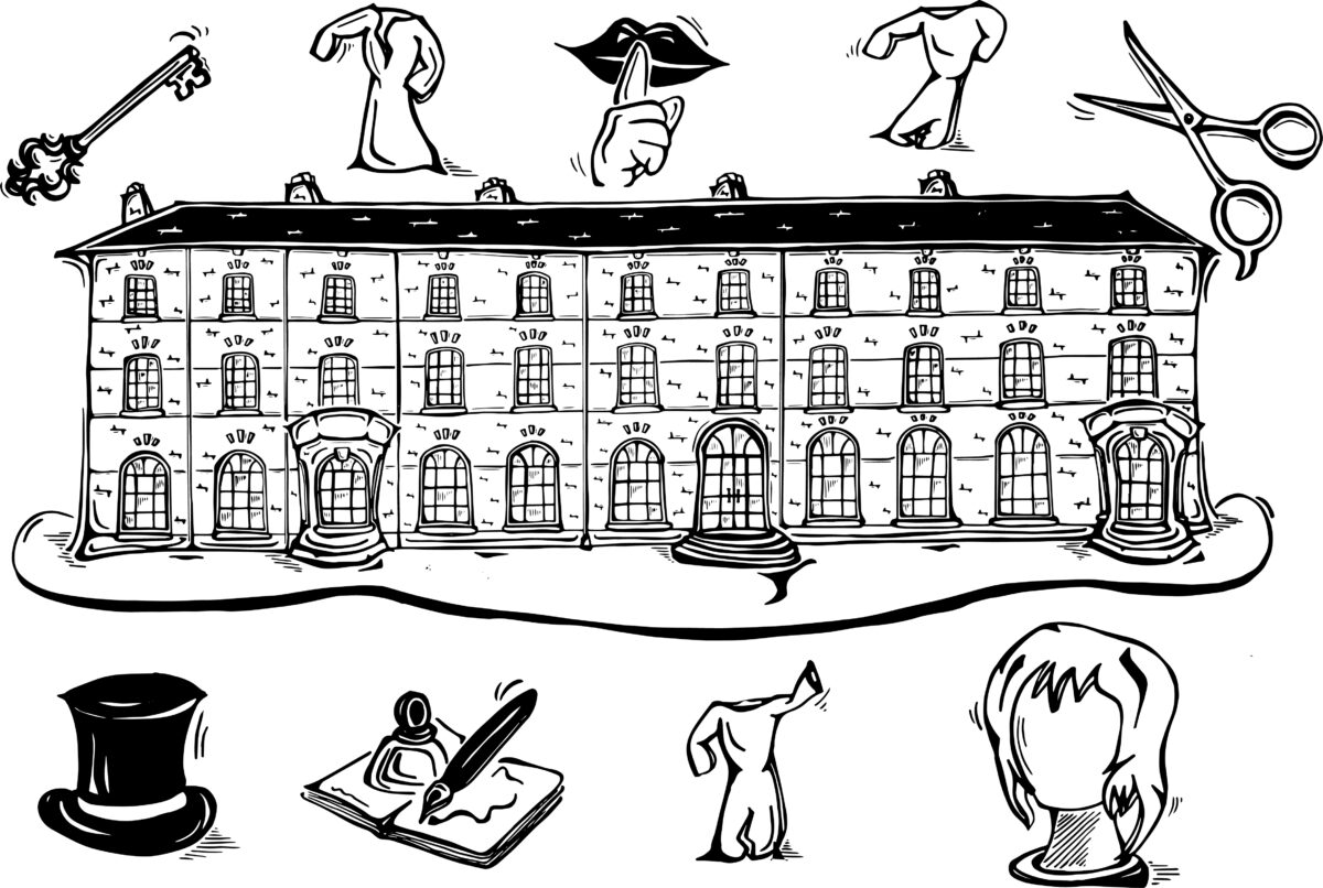 The image is a black-and-white illustration featuring a large, detailed historic building at the center, representing an old institution. Surrounding the building are various symbolic images, including:

A key in the top left corner
A coat and hands making various gestures, positioned above the building
A pair of scissors on the top right corner
A top hat, a writing pen and paper, and other items at the bottom