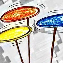 The image shows three brightly coloured spinning plates on sticks, drawn in a sketch-like style. The plates are coloured red, yellow, and blue, and are shown in motion, tilted slightly as they spin. The background is abstract and grey, adding contrast to the vivid colours of the plates.