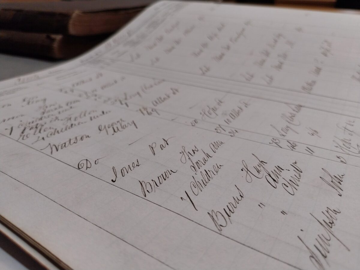 The image is a photograph of a page of a book from York Explore Archive. There are names written in ink on the page.