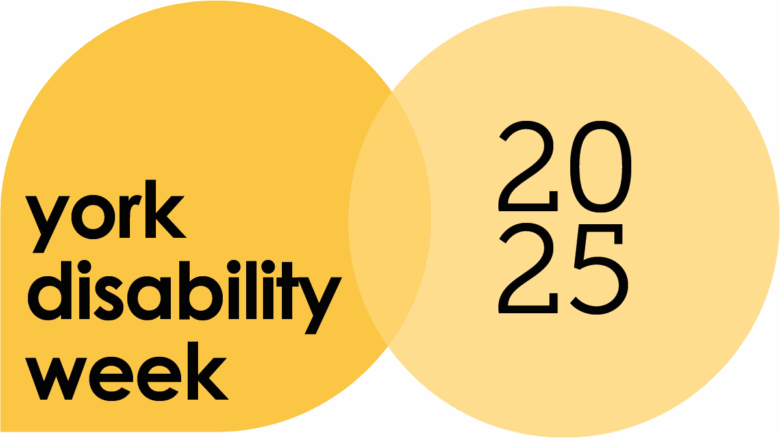 The logo for york disability week 2025. The logo is two circular shapes in different shades of yellow with black text.
